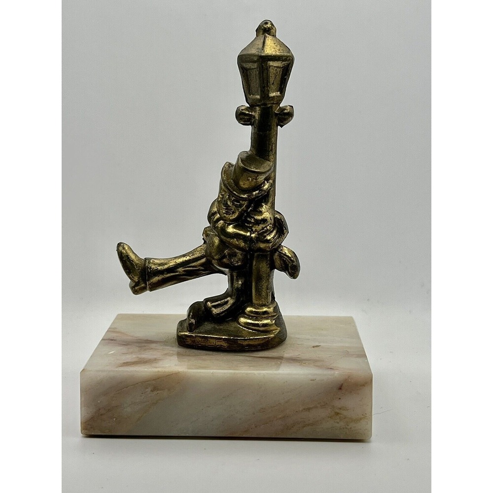Vintage Miniature Drunk Man on a Lamp Post Figurine Brass Mounted on Marble Base